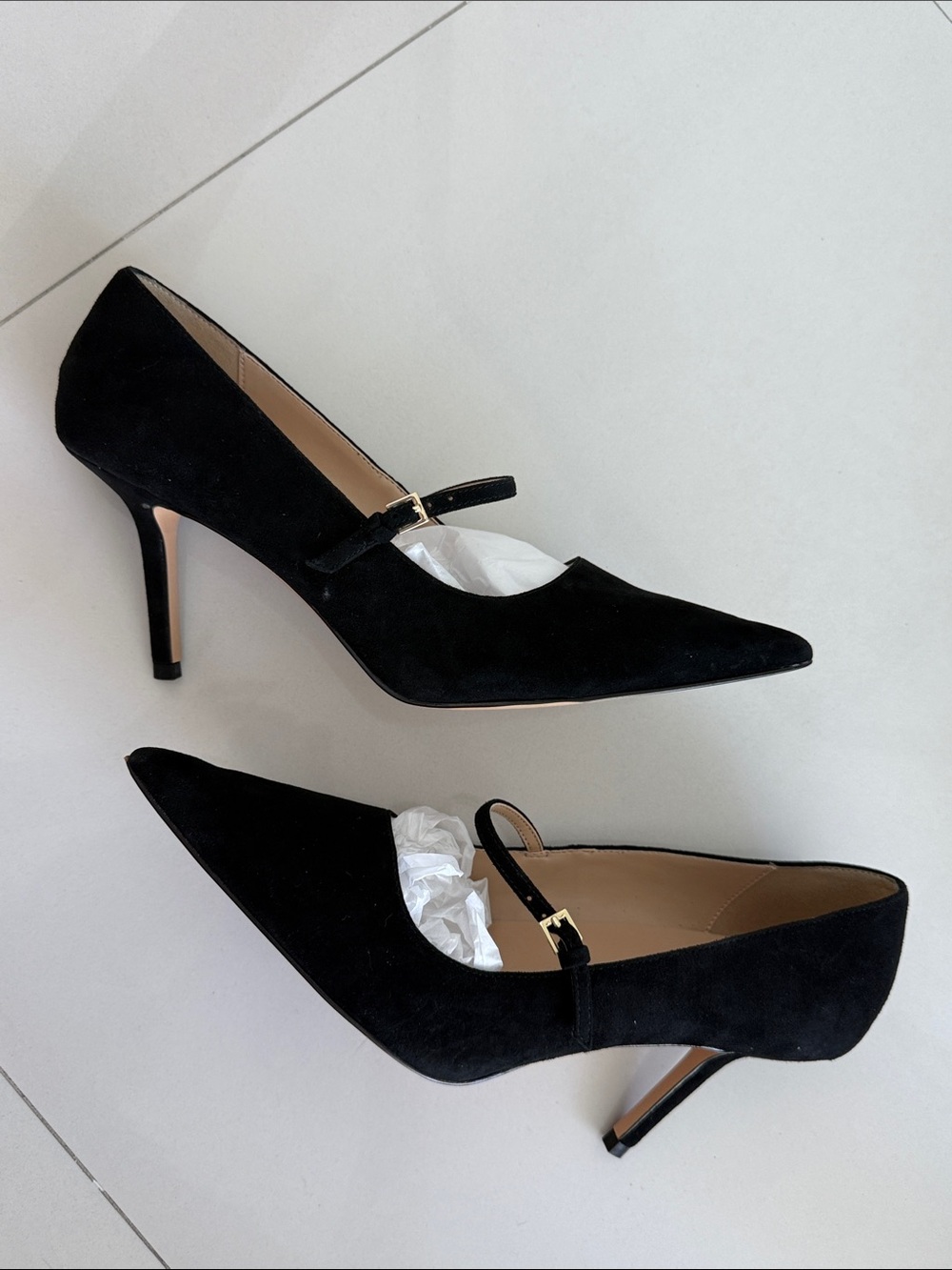 Ann Taylor Black Suede Pointed-Toe Mary Jane Heels